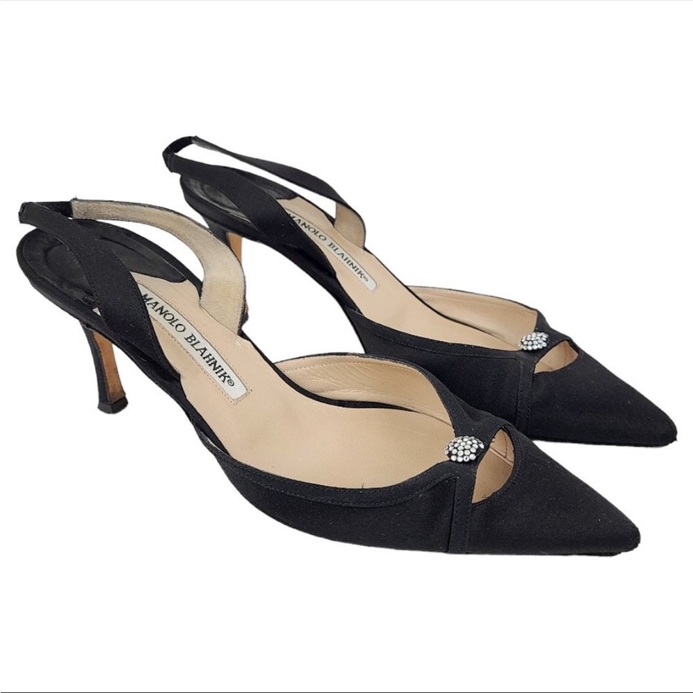 MANOLO BLAHNIK Black Satin Fabric Rhinestone Slingback Heels Pumps 38 US 8